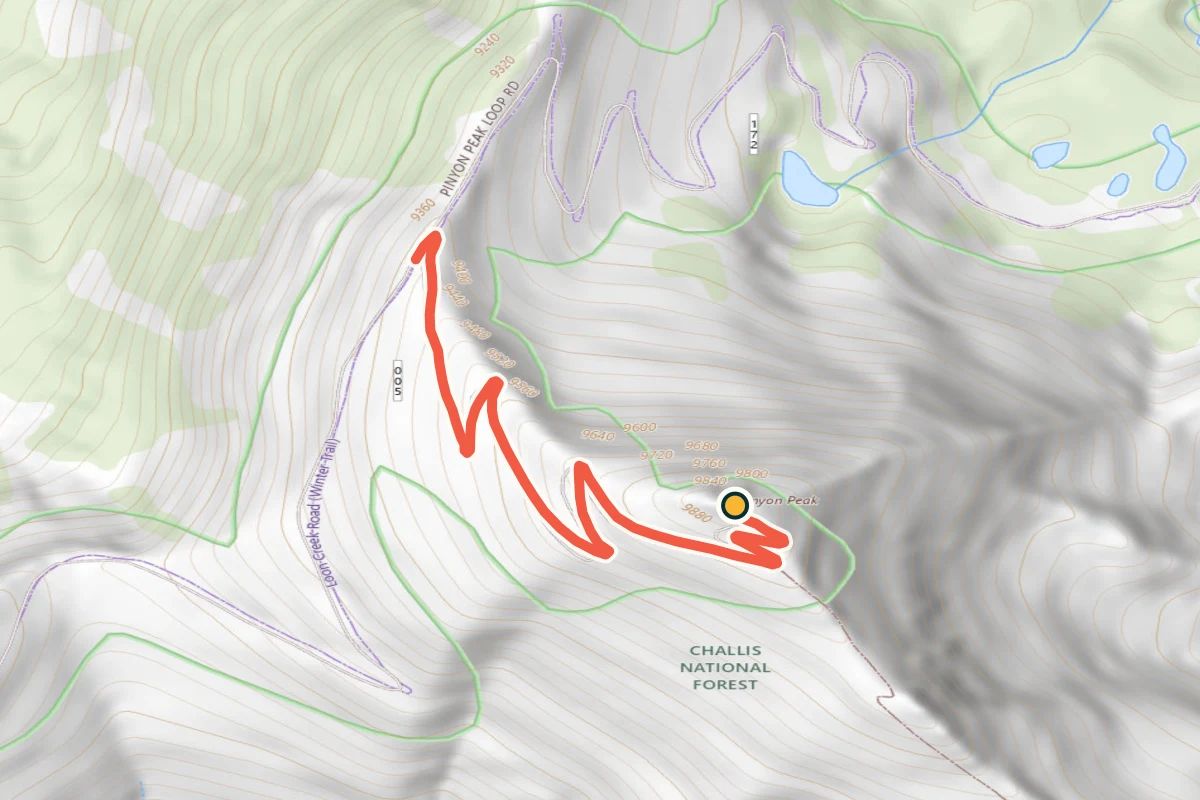 USGS topographic map of the narrow road to Pinyon Peak Lookout
