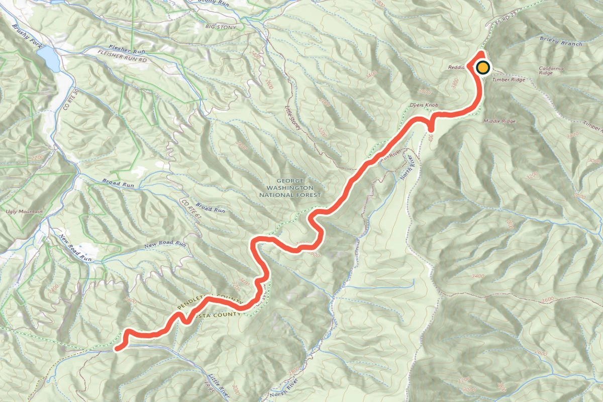 Topographic route map for Reddish Knob in Virginia