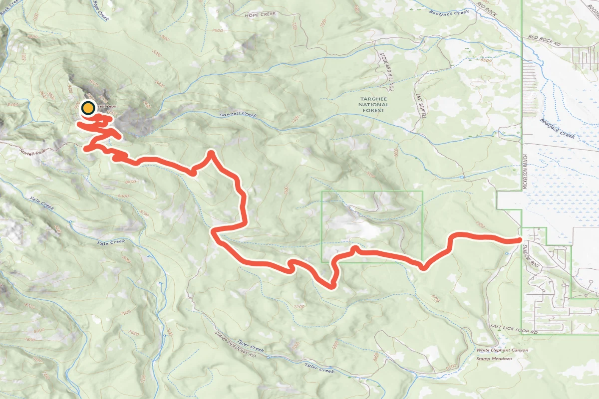 USGS topographic map of Forest Road 024 climbing Sawtell Peak