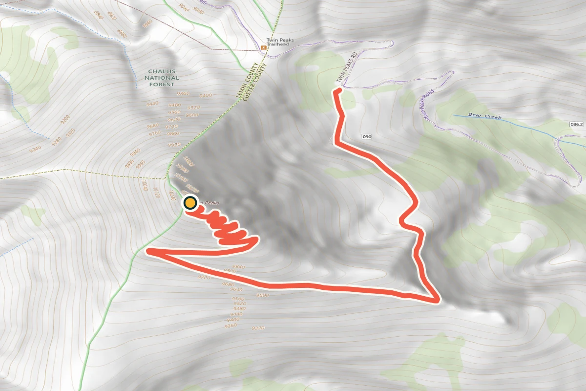 USGS topographic map of the narrow road to Twin Peaks Lookout