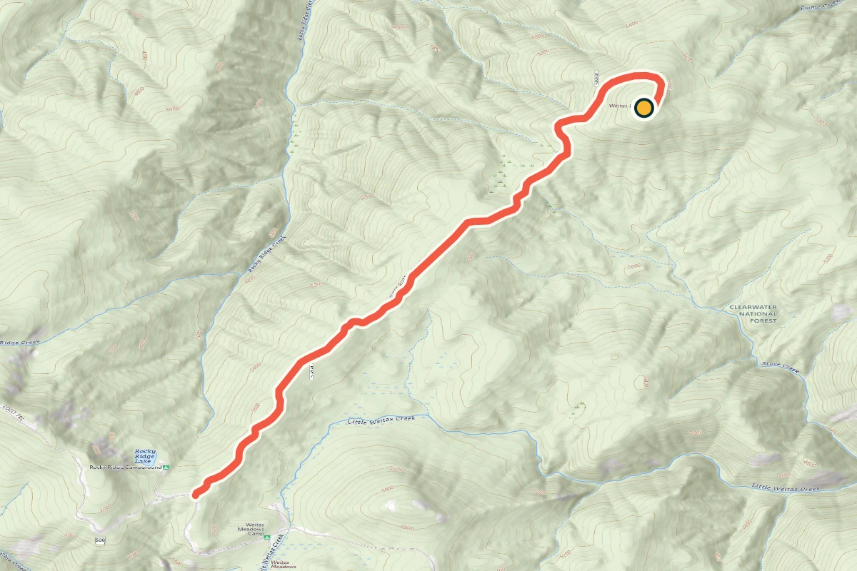 USGS topographic map of Forest Road 557 climbing Weitas Butte
